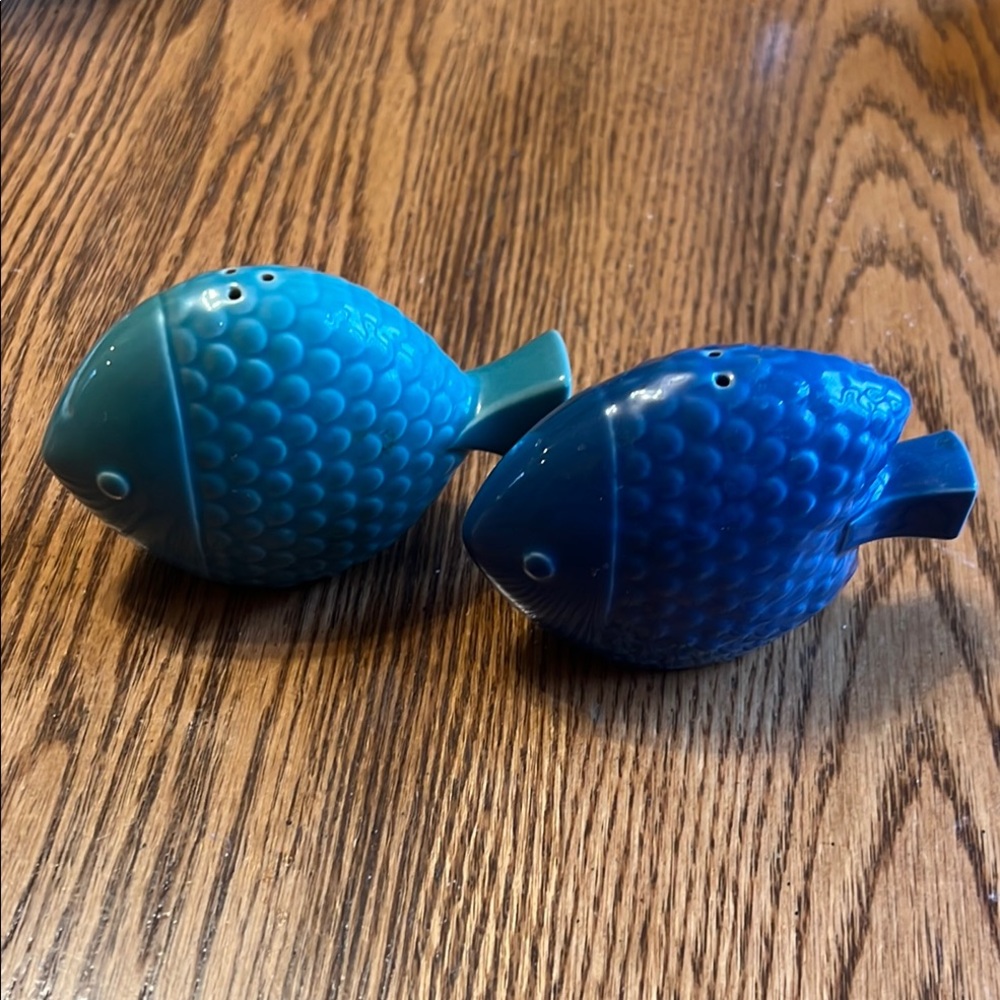 Blue and Teal Fish Shaped Salt and Pepper Shakers